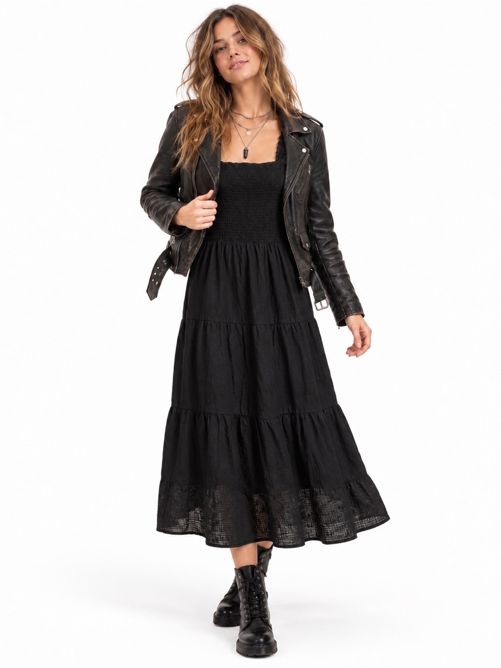 Heartloom Kiera Dress Smocked Tiered Midi Ruffle Strap Black Cotton L NWT